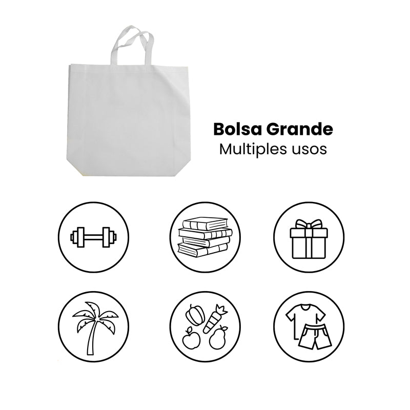 Nuestras bolsas ecológicas grandes son la opción perfecta para quienes buscan una alternativa sostenible, práctica y reutilizable. Fabricadas con material non-woven de alta resistencia, estas bolsas grandes son ligeras, duraderas y fáciles de guardar, ideales para regalos, eventos, tiendas o uso diario. Reduce el uso de plástico y dale un toque ecológico a tu marca con nuestras bolsas grandes ecológicas color  blanco.