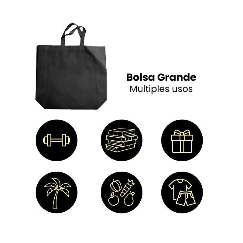 Nuestras bolsas ecológicas grandes son la opción perfecta para quienes buscan una alternativa sostenible, práctica y reutilizable. Fabricadas con material non-woven de alta resistencia, estas bolsas grandes son ligeras, duraderas y fáciles de guardar, ideales para regalos, eventos, tiendas o uso diario. Reduce el uso de plástico y dale un toque ecológico a tu marca con nuestras bolsas grandes ecológicas color  negro.