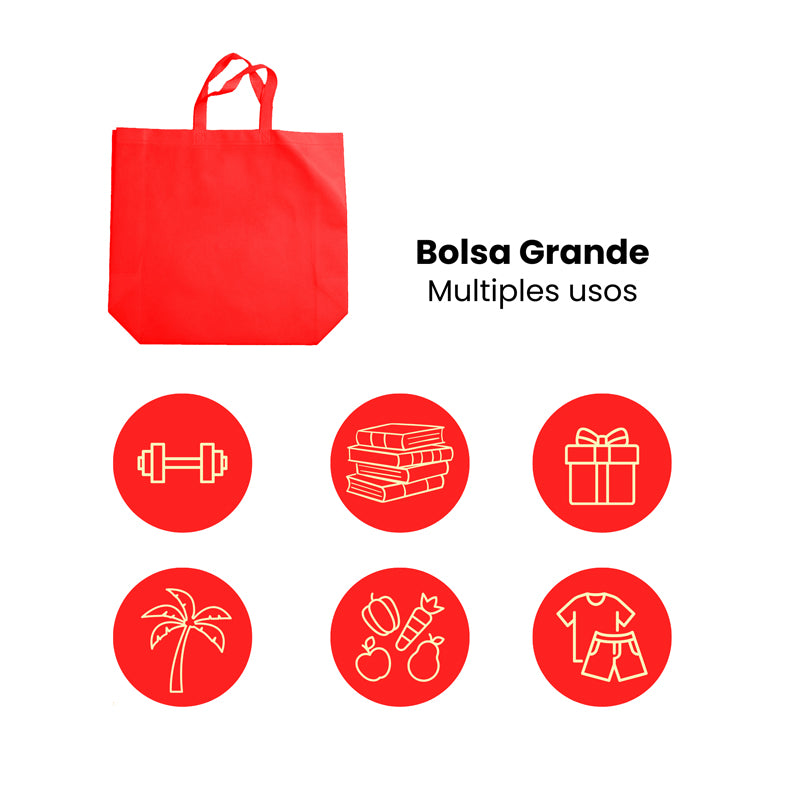 Nuestras bolsas ecológicas grandes son la opción perfecta para quienes buscan una alternativa sostenible, práctica y reutilizable. Fabricadas con material non-woven de alta resistencia, estas bolsas grandes son ligeras, duraderas y fáciles de guardar, ideales para regalos, eventos, tiendas o uso diario. Reduce el uso de plástico y dale un toque ecológico a tu marca con nuestras bolsas grandes ecológicas color  rojo.