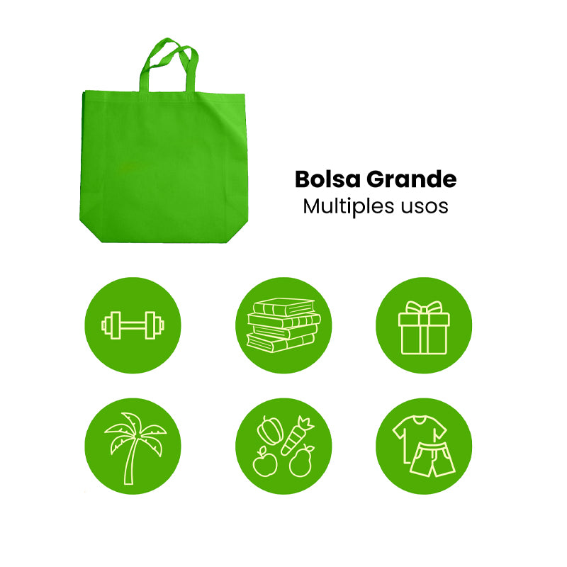 Nuestras bolsas ecológicas grandes son la opción perfecta para quienes buscan una alternativa sostenible, práctica y reutilizable. Fabricadas con material non-woven de alta resistencia, estas bolsas grandes son ligeras, duraderas y fáciles de guardar, ideales para regalos, eventos, tiendas o uso diario. Reduce el uso de plástico y dale un toque ecológico a tu marca con nuestras bolsas grandes ecológicas color verde.